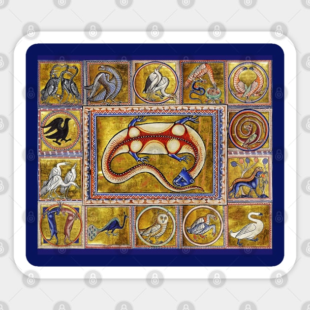 MEDIEVAL BESTIARY,SALAMANDER, FANTASTIC ANIMALS IN GOLD RED BLUE COLORS Sticker by BulganLumini